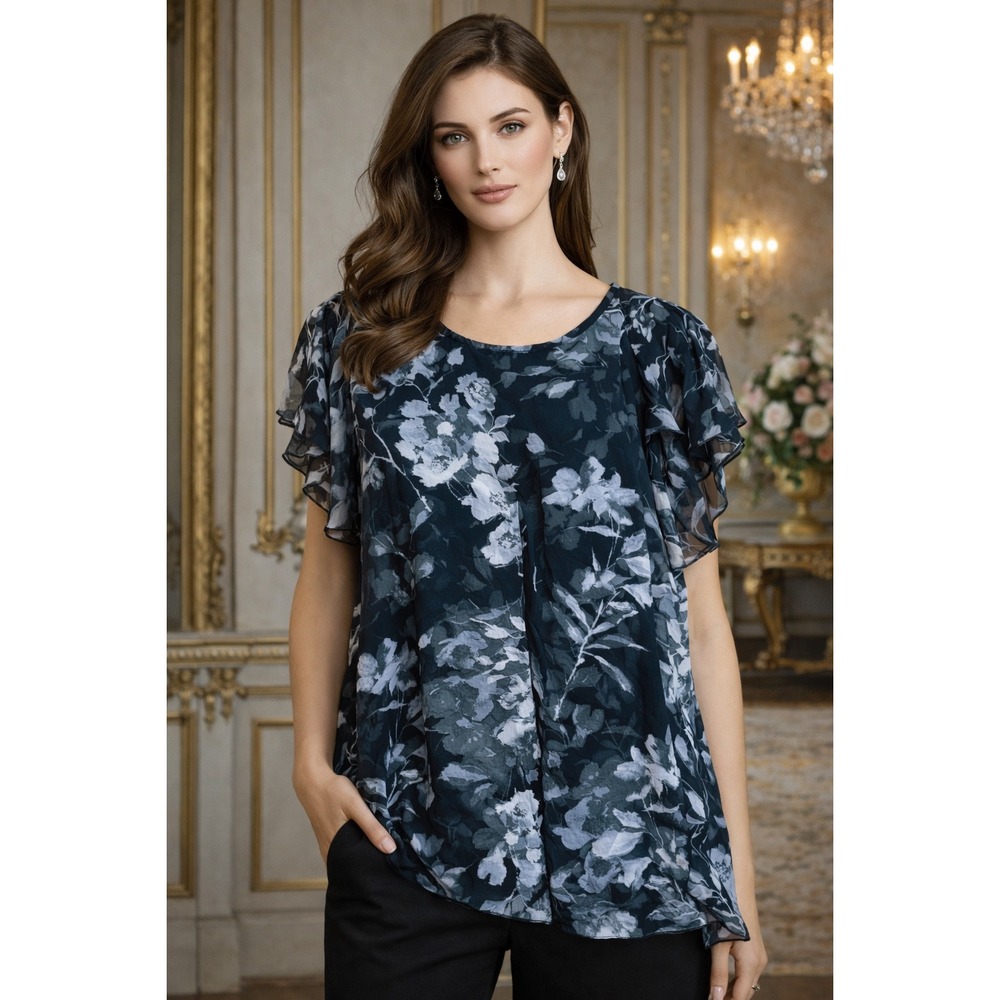 Roz & Ali SZ XL Tunic Blouse Floral Asian Inspired Chic Flowy LIned